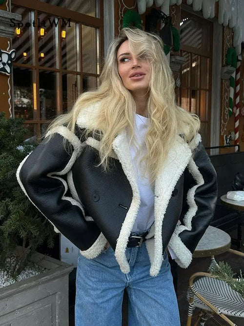 Leather and fur jacket for women